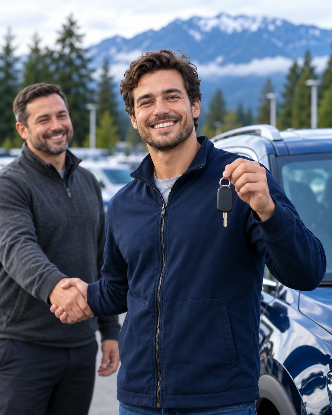 A smiling man holds up his new car keys while shaking hands with a finance advisor on a dealership lot